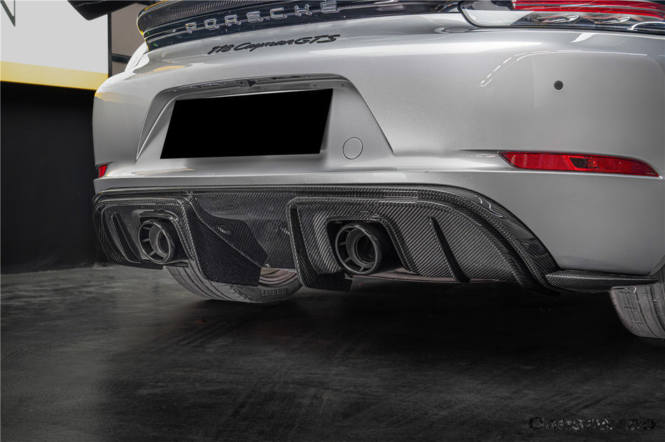 2017-2025 Porsche 718 Cayman Boxster GT4RS Style Autoclave Carbon Fiber Rear Diffuser Lip With Winglets And Exhaust Tips